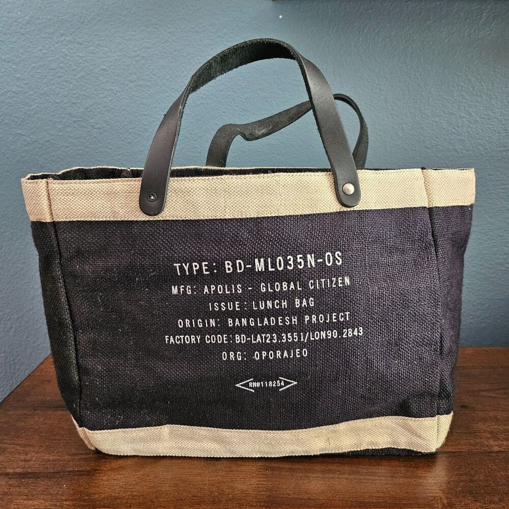 Apolis Global Citizen Bag Market Tote Burlap Lunch Bag Field + Fort Black Tan